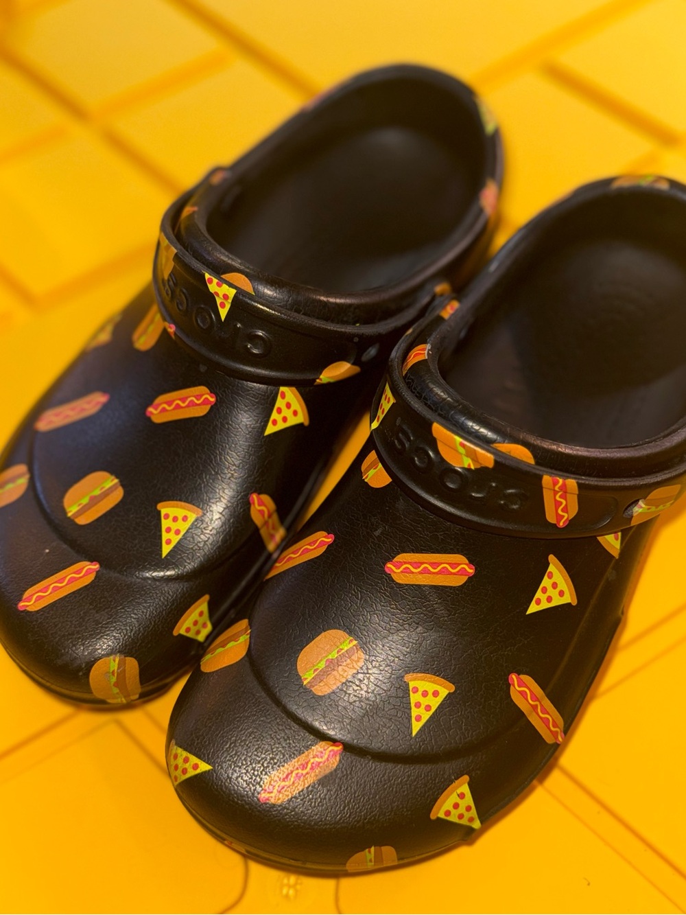 CROCS Black Slip-On Clogs with Colorful Food Print